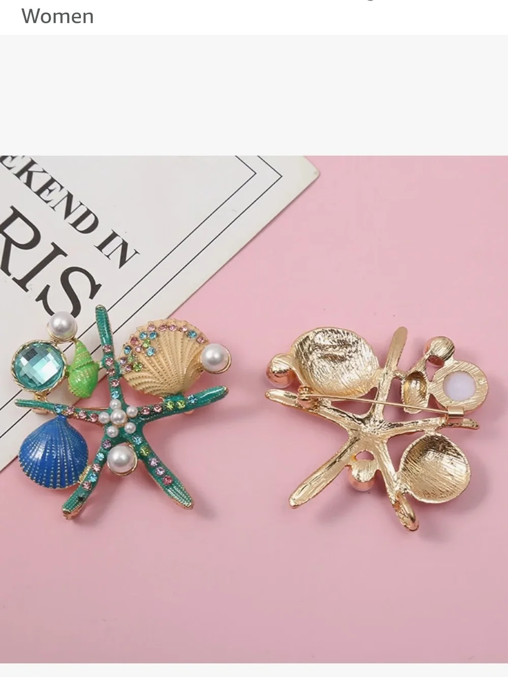 Vintage Starfish Conch Shell Coral Brooch Pins,Rhinestone Enamel Lapel Pins